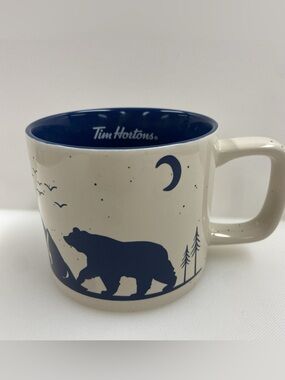 Tim Hortons Bear Ceramic Coffee Mug 2019 Nature Moon Trees Mountains Blue Ivory